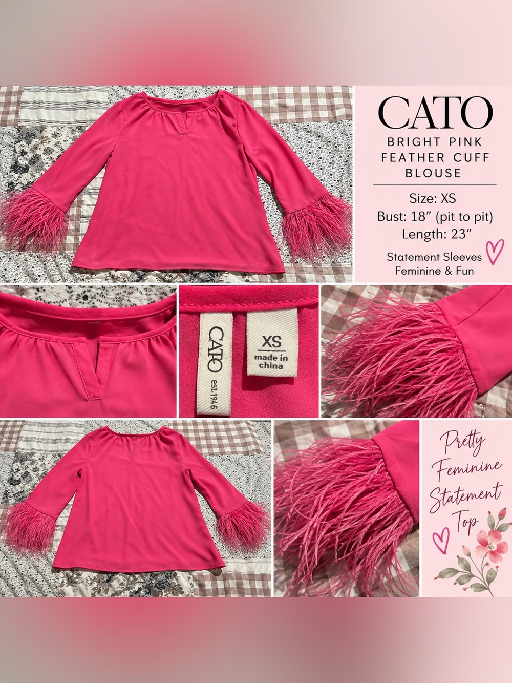 Cato Bright Pink Feather Cuff Blouse XS Statement Sleeve Top